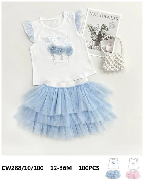 Conjunto de 2 piezas con blusa y falda de tul en capas para niña