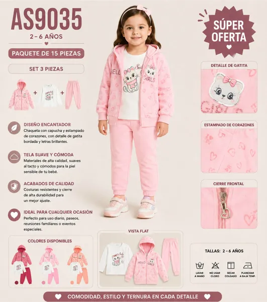 Conjunto de 3 piezas con chaqueta con capucha, playera y pantalón con gatita bordada y estampado de corazones para niña