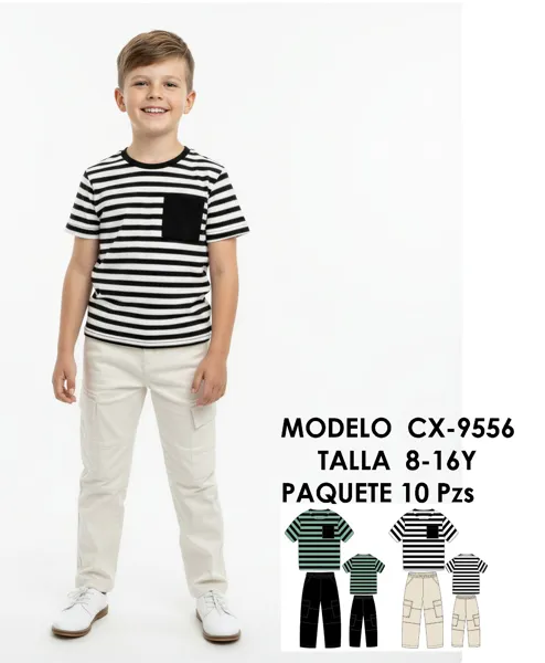 Conjunto de 2 piezas con playera de rayas con bolsillo y pantalón cargo para niño
