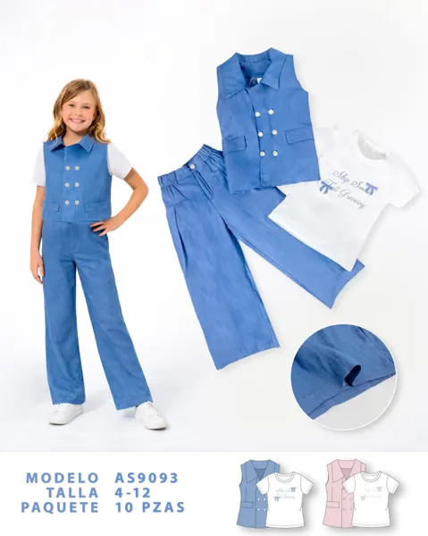 Conjunto de 3 piezas con chaleco de mezclilla, playera y pantalón amplio para niña