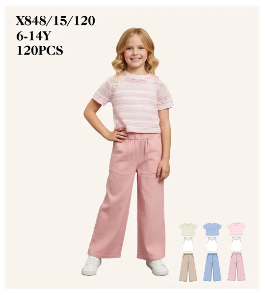 Conjunto de 2 piezas con playera tejida a rayas y pantalón amplio para niña