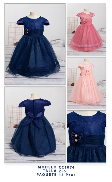 Vestido de fiesta de tul con encaje y moño para niña