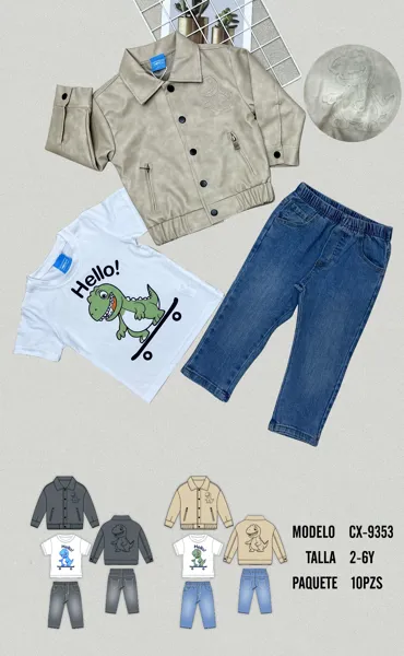 Conjunto de 3 piezas con chamarra tipo piel, playera y jeans de mezclilla con diseño de dinosaurio para niño