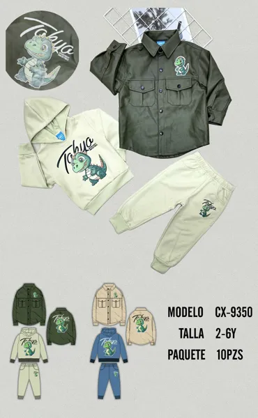Conjunto de 3 piezas con camisa tipo chaqueta, sudadera con capucha y pantalón estampado de dinosaurio para niño