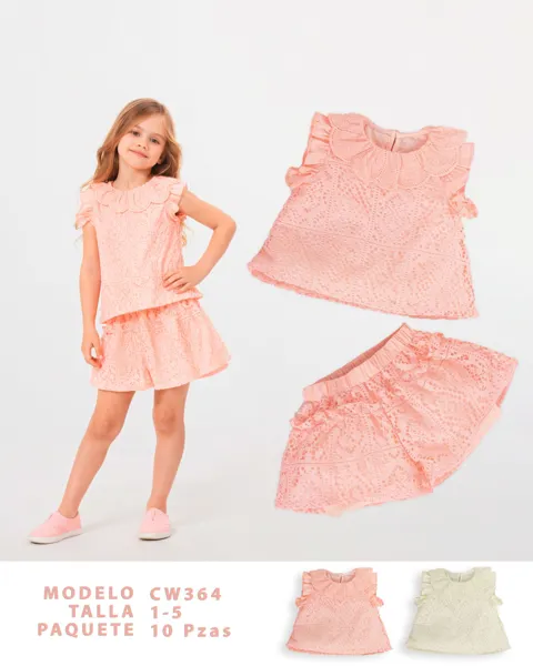 Conjunto de 2 piezas de encaje con blusa y short para niña