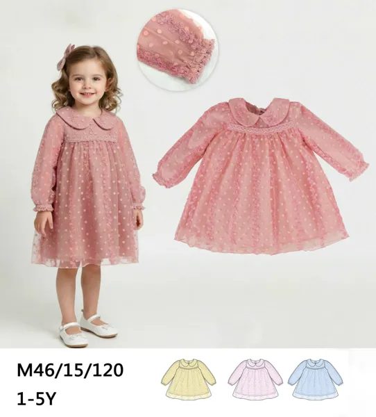 Vestido de tul de manga larga con lunares y cuello bobo para niña