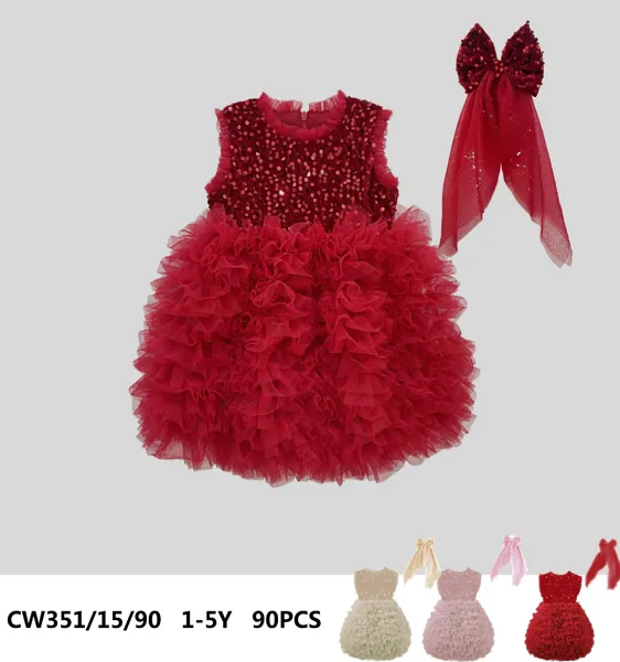 Vestido de lentejuelas con falda de tul esponjada y moño para niña