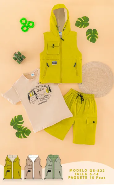 Conjunto de 3 piezas con chaleco con capucha, playera y short para niño
