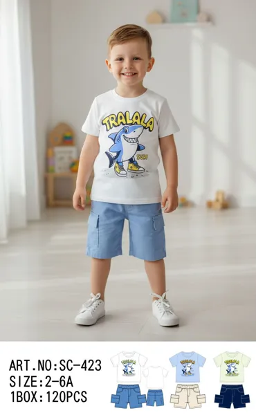Conjunto de 2 piezas con playera y short cargo estampado de tiburón para niño