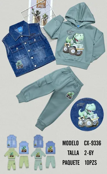 Conjunto de 3 piezas con chaleco de mezclilla, sudadera con capucha y jogger estampado T-Rex para niño