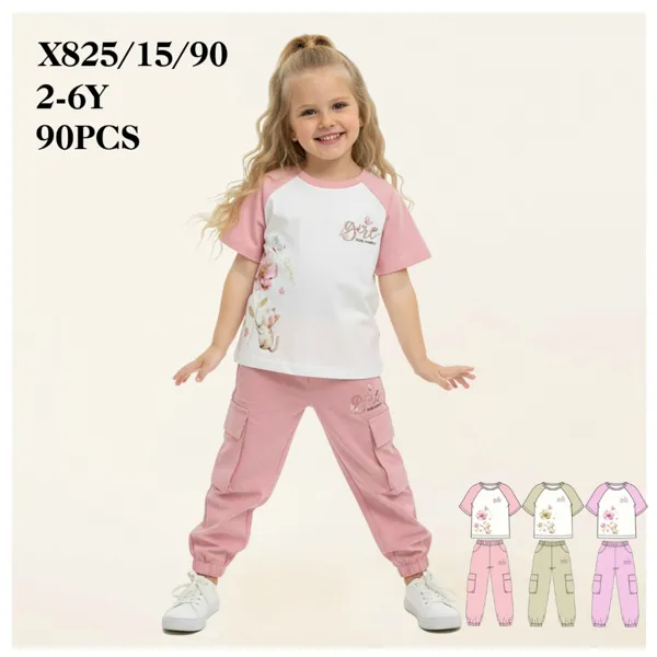 Conjunto de 2 piezas con playera raglán y pantalón cargo estampado floral con gatito para niña