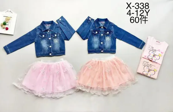 Conjunto de 3 piezas con chaqueta de mezclilla, falda de tul y blusa estampado de mariposas para niña