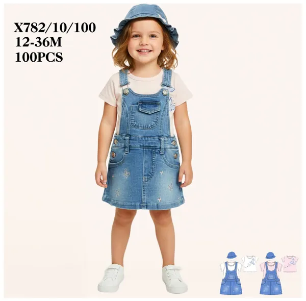 Conjunto de 2 piezas con playera y vestido jumper de mezclilla y gorro incluido para niña