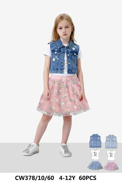 Conjunto de 3 piezas con chaleco de mezclilla, camiseta y falda de tul con lentejuelas para niña