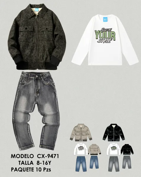 Conjunto de 3 piezas con chamarra, playera manga larga y jeans para niño