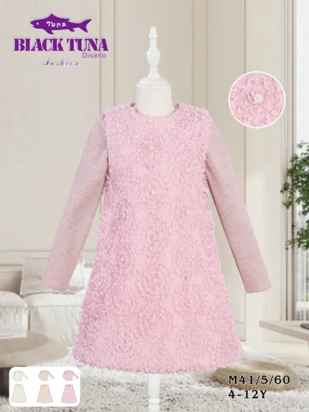 Vestido de manga larga con textura floral y perlas para niña