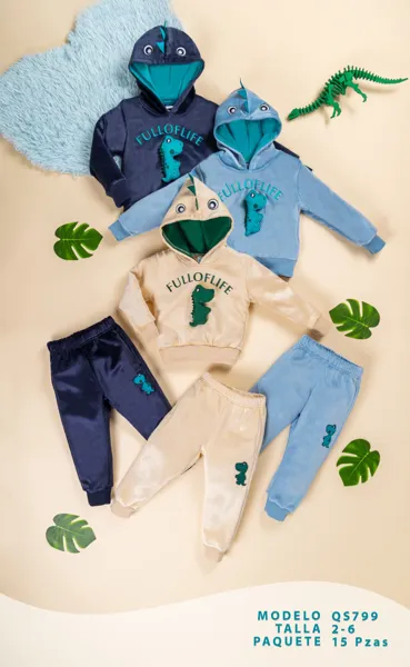 Conjunto de 2 piezas de terciopelo con sudadera con capucha de dinosaurio y pantalón para niño