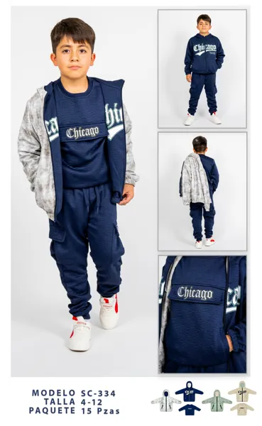 Conjunto de 3 piezas con chaleco, sudadera y pantalón cargo estampado Chicago para niño