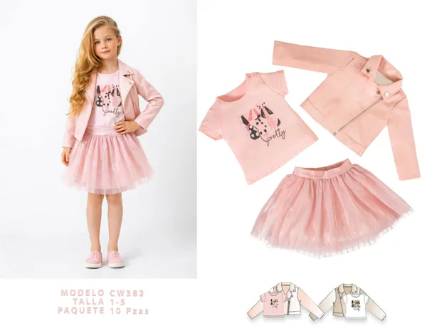 Conjunto de 3 piezas con chamarra de piel sintética, playera y falda de tul para niña