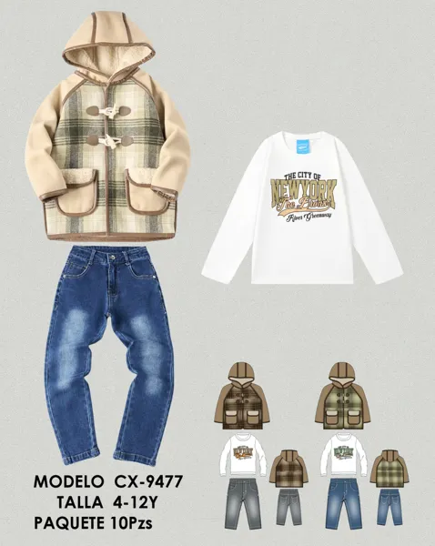 Conjunto de 3 piezas con abrigo con capucha a cuadros, playera y jeans para niño