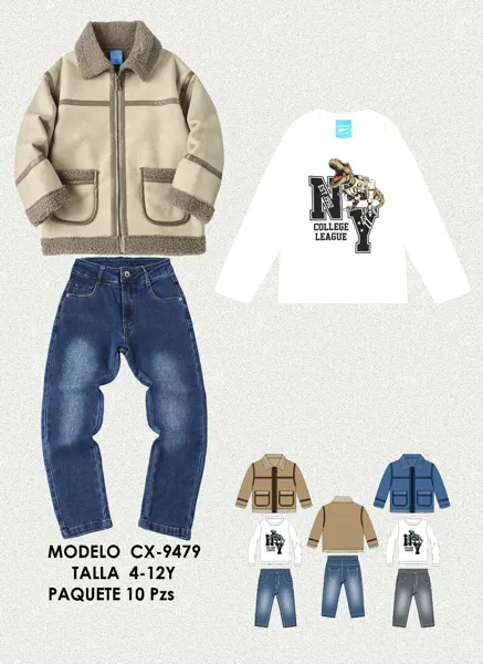 Conjunto de 3 piezas con chaqueta con cuello de peluche, playera y jeans para niño