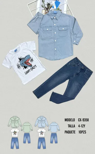Conjunto de 3 piezas con camisa, playera y jeans para niño