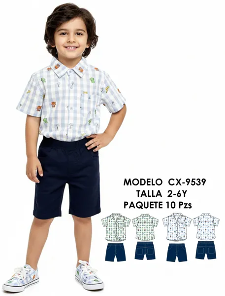 Conjunto de 2 piezas con camisa de cuadros y short para niño