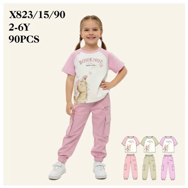 Conjunto de 2 piezas con playera y pantalón cargo con estampado de gatito para niña