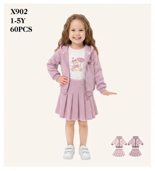 Conjunto de 3 piezas con chaqueta con capucha, playera de osito y falda plisada para niña