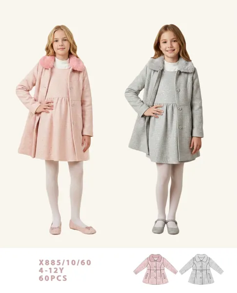 Conjunto de 2 piezas con abrigo de cuello de peluche y vestido con lentejuelas para niña