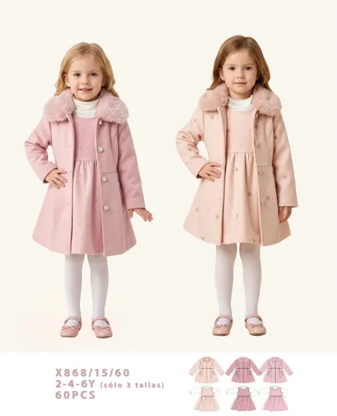 Conjunto de 2 piezas con abrigo de cuello de peluche y vestido para niña