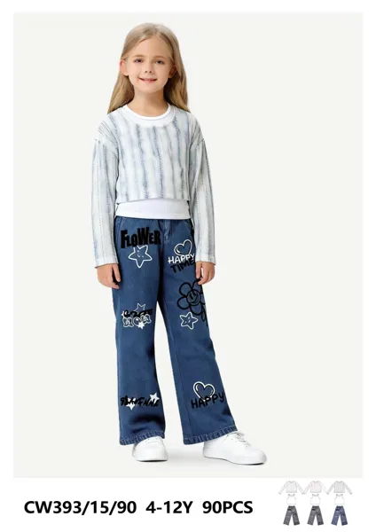 Conjunto de 2 piezas con blusa y jeans acampanados estampados para niña