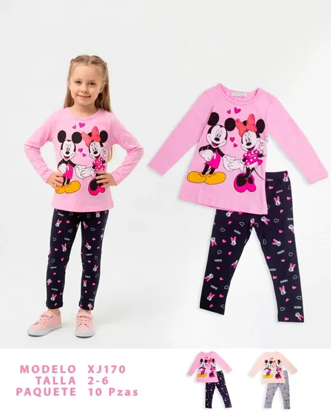 Conjunto de 2 piezas con blusa de manga larga y leggings con estampado de Mickey y Minnie para niña
