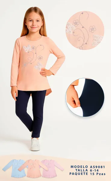 Playera larga tipo túnica de manga larga con mariposas aplicadas y pedrería para niña