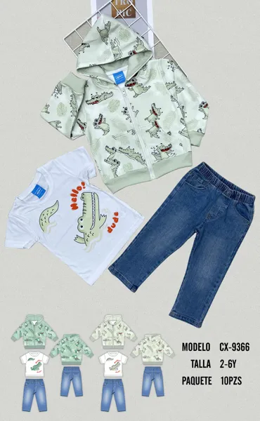 Conjunto de 3 piezas con capucha, playera y jeans con estampado de cocodrilos para niño