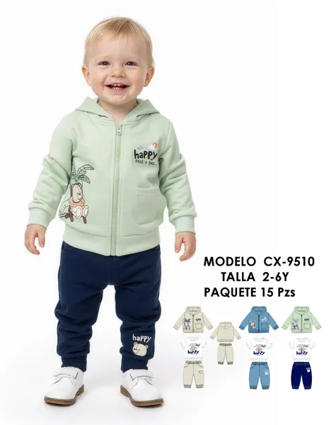 Conjunto de 2 piezas con sudadera con capucha y cierre y pantalón con estampado de osito para niño
