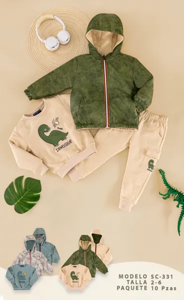 Conjunto de 3 piezas con chaqueta con capucha, sudadera y pantalón con estampado de dinosaurio para niño