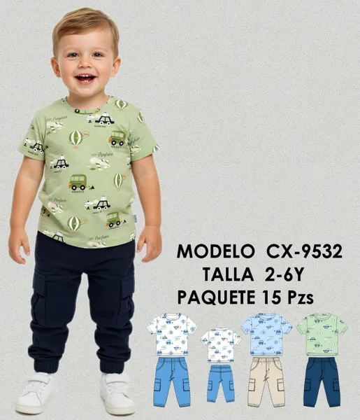 Conjunto de 2 piezas con playera y pantalón cargo con estampado de carritos para niño