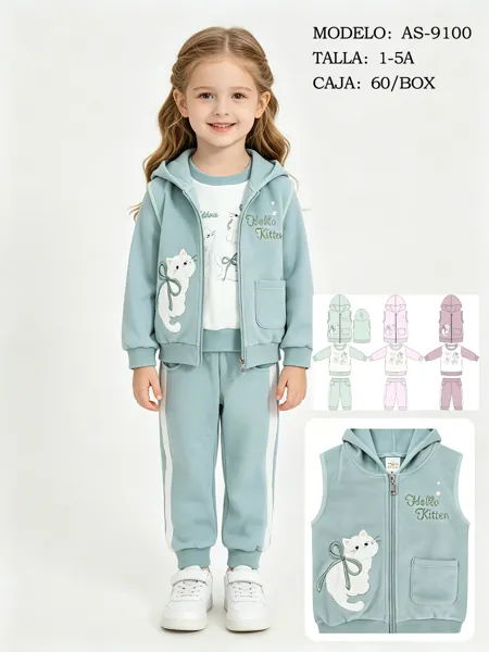Conjunto de 3 piezas con chaleco con capucha, playera y pants con estampado de gatito para niña