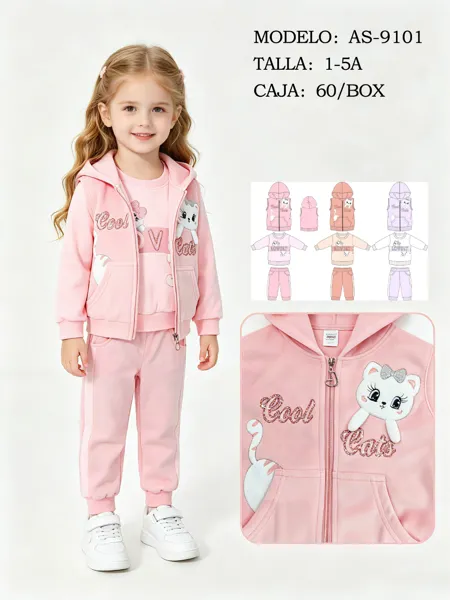 Conjunto de 3 piezas con chaleco con capucha, sudadera y pantalón con estampado de gatito para niña