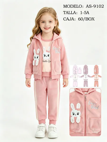 Conjunto de 3 piezas con chaleco con capucha, playera y pantalón jogger con estampado de conejito para niña