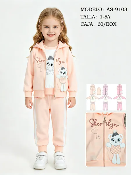 Conjunto de 3 piezas con capucha, camiseta y pantalón con bordado de osito para niña