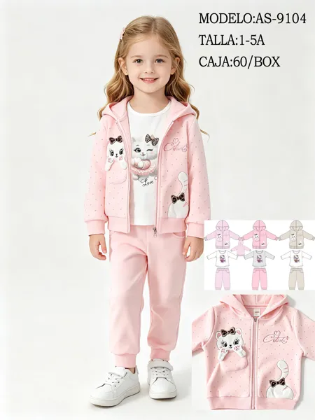 Conjunto de 3 piezas con sudadera con capucha, playera y pantalón jogger con diseño de gatita para niña