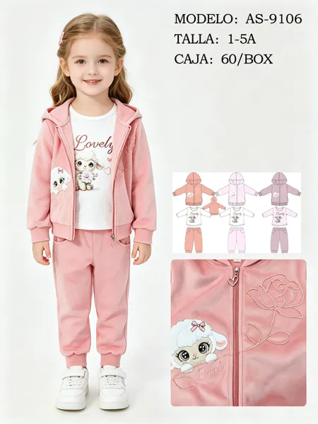 Conjunto de 3 piezas de terciopelo con chamarra con capucha, playera y pantalón con bordado de borrego para niña