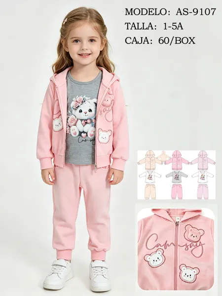 Conjunto de 3 piezas con sudadera con capucha, playera y pantalón jogger con diseño de osito para niña