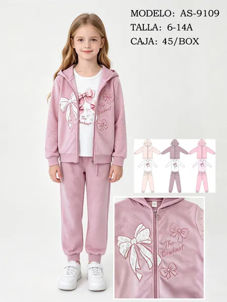 Conjunto de 3 piezas con sudadera con capucha, playera y pants con detalle de moño para niña