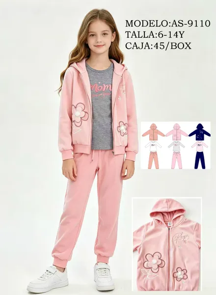 Conjunto de 3 piezas con capucha, playera y jogger con flores bordadas para niña