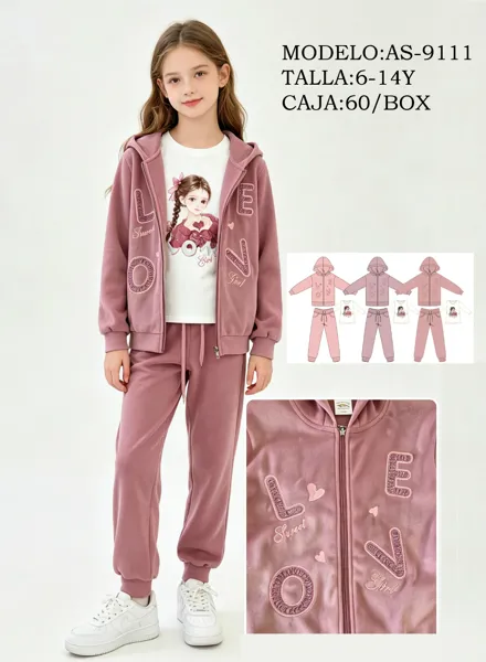 Conjunto de 3 piezas con sudadera con capucha con letras LOVE, playera y pantalón jogger para niña