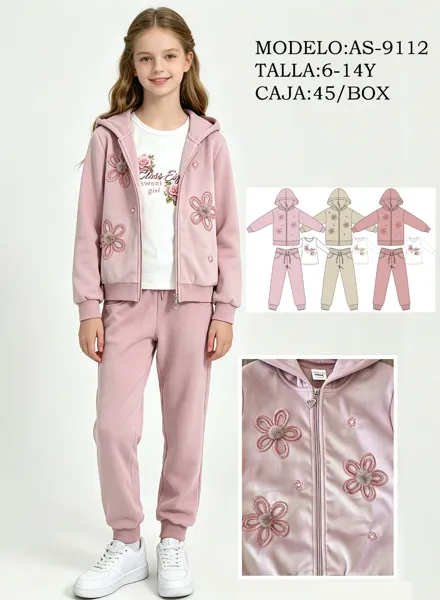 Conjunto de 3 piezas con sudadera con capucha, playera y pantalón jogger con detalle de flores para niña