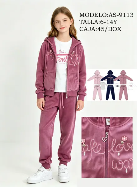Conjunto de 3 piezas de terciopelo con chamarra con capucha, playera y jogger para niña